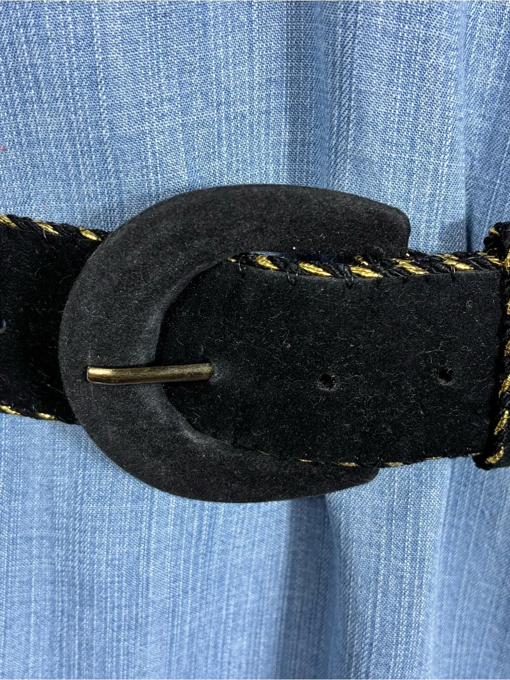 Womens belt black and gold 32” long velvet with Gold Stitching elegant